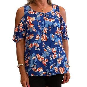 110 - Cold‎ shoulder, short sleeve, bright blue, orange, white top size medium